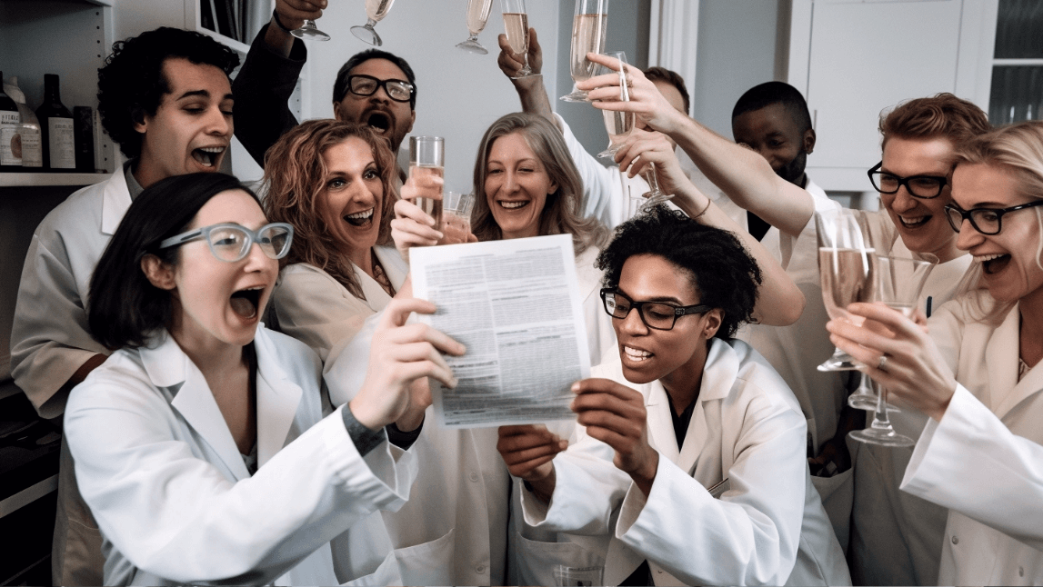 A group of scientists celebrates the publication of a high impact paper that will get more citations