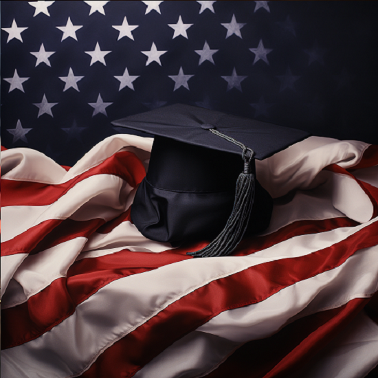 graduation hat on US flag representing US American PhD programs