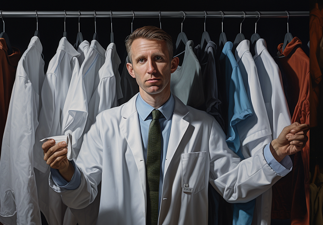 A clinician with his wardrobe of professional job interview outfits
