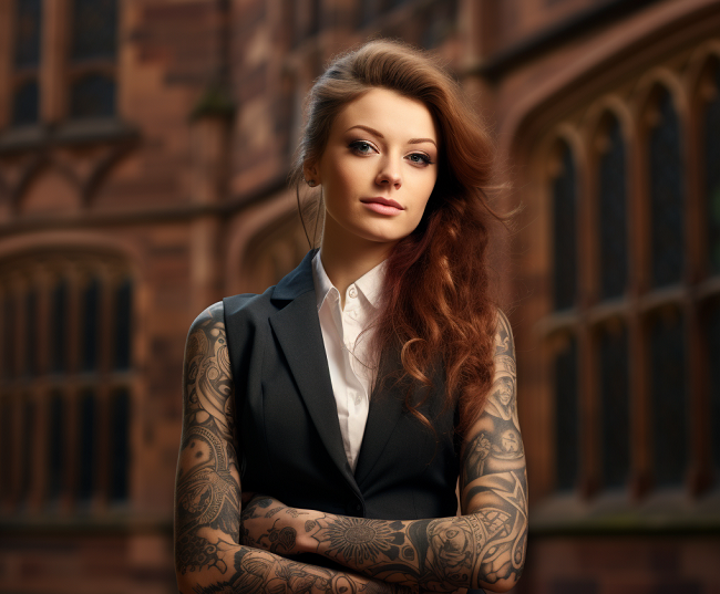 well-dressed scientist with tattoos in a job interview
