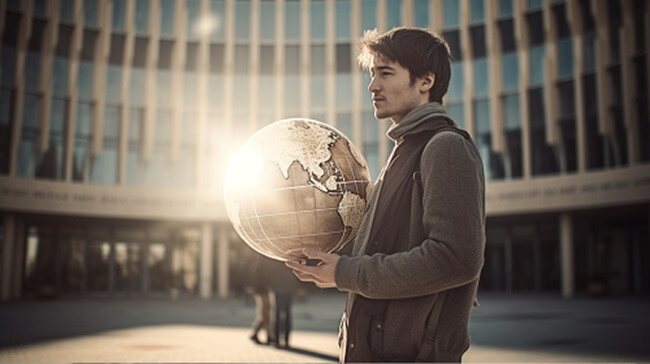 Student holding a globe representing a PhD in Europe and Northern America